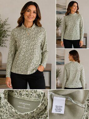 Croft & Barrow Sage Green Floral Mock Neck Top – 100% Cotton – XL